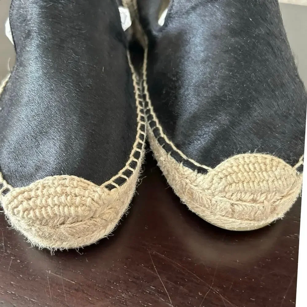 Soludos Black Calf Hair Espadrille Flats Size 8 Slip On Jute Casual Summer Shoe